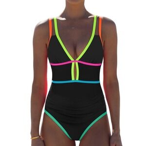 NWT Popvil Neon Color Block Cutout One Piece Swimsuit Black Medium